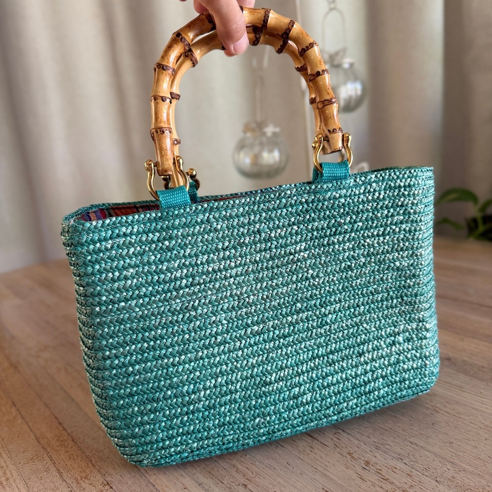 Vtg Teal Woven Straw Purse Bamboo Handle Plaid Lining Coastal Resort Boho Tote